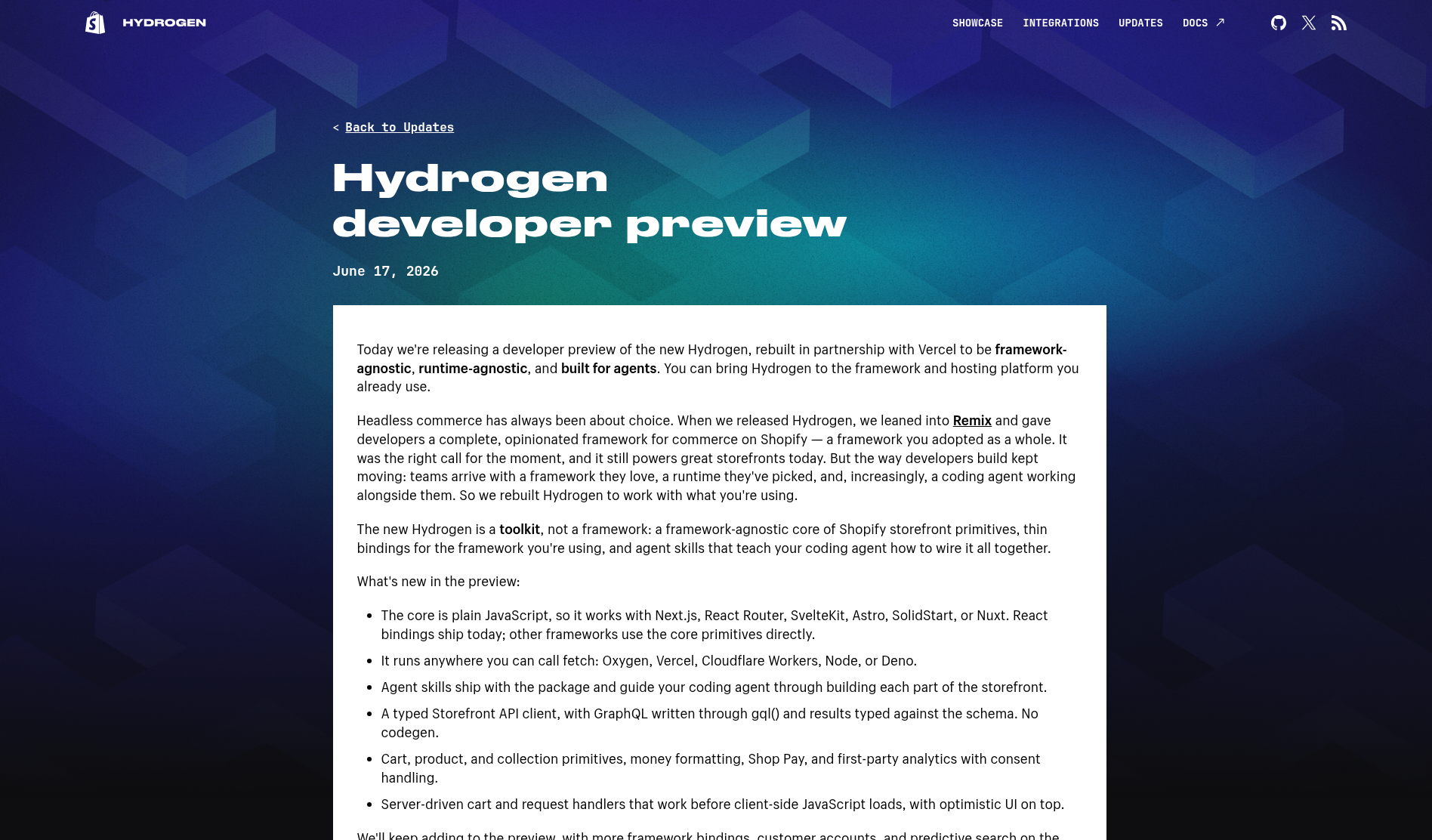 Shopify Hydrogen developer preview update page