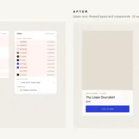 Before and after: the same product card in Figma. Before has default layer names and 10 unnamed hex colors; after has named components, color and spacing variables and text styles.