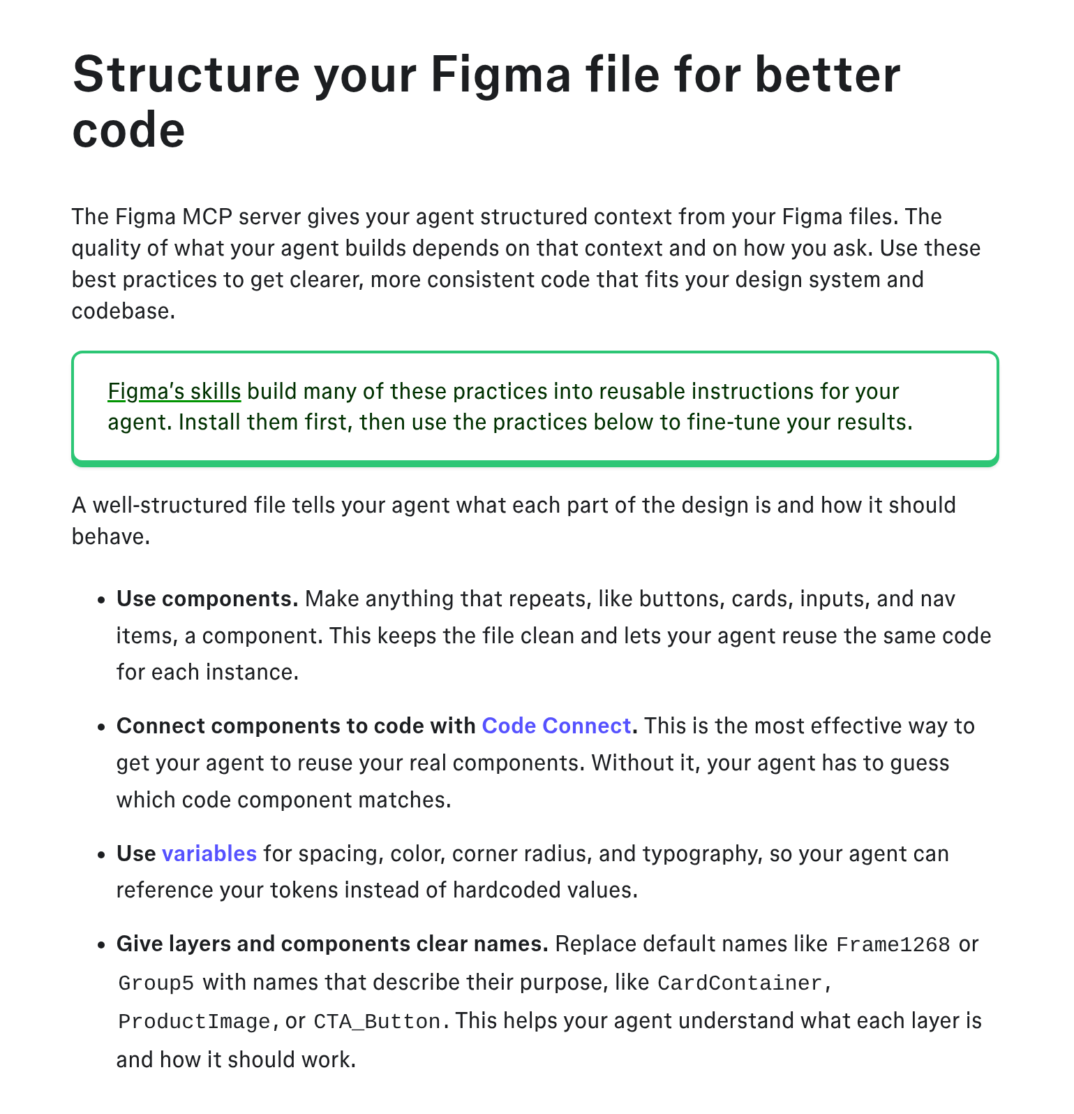 Screenshot of Figma developer docs, Structure your Figma file for better code, recommending components, variables and clear layer names like CardContainer and CTA_Button.
